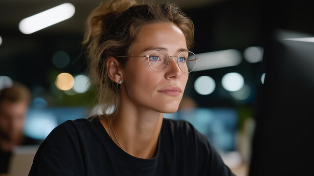 Cinematic close-up of professional female system administrator coding on dual monitors in modern IT office with glowing screen reflections and futuristic neon light ambiance