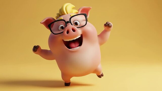 Joyful Cartoon Pig Jumping on Yellow Background