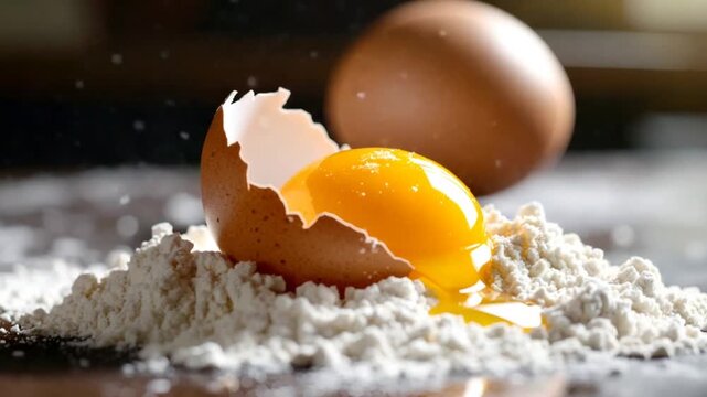 Opened egg with yolk on flour surface culinary and food preparation