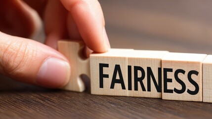 A hand placing the final piece of a puzzle labeled 'FAIRNESS' on a wooden table, symbolizing justice