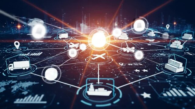 Digital network connecting global logistics with shipping and transportation vehicles icons view