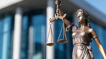 A bronze statue of Lady Justice holding scales stands in front of a modern courthouse under a clear sky