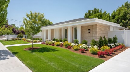 Fototapeta premium Modern suburban home with landscaped garden and fresh greenery on a sunny day, showcasing architectural design and outdoor living experience