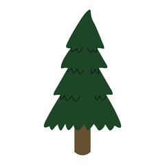 Flat style illustration of a tall dark green spruce tree with zigzag needle details and a thick brown trunk, perfect for forest scenes, winter holidays, and seasonal designs