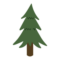 Flat style illustration of a pointy spruce tree with long curved branches and dark trunk, ideal for winter decorations, forest scenes, and seasonal creative projects