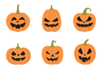 Halloween monster jack lantern orange pumpkin carved glowing scary face set on white background. Holiday cartoon character collection for celebration design. Vector spooky illustration