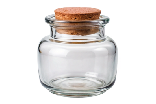 Clear glass potion jar with cork stopper isolated object for fantasy and alchemy transparent background