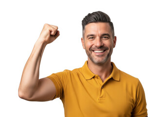 Man celebrating victory flexing bicep with a happy expression and bright orange shirt transparent background