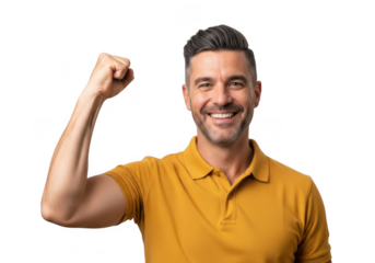 Man celebrating victory flexing bicep with a happy expression and bright orange shirt transparent background