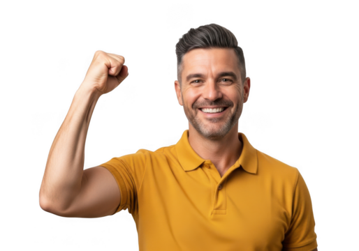 Man celebrating victory flexing bicep with a happy expression and bright orange shirt transparent background