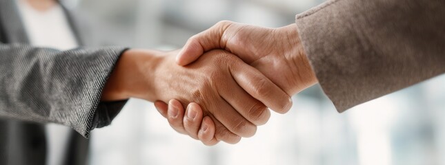 Handshake symbolizing agreement, cooperation, and successful business deal.
