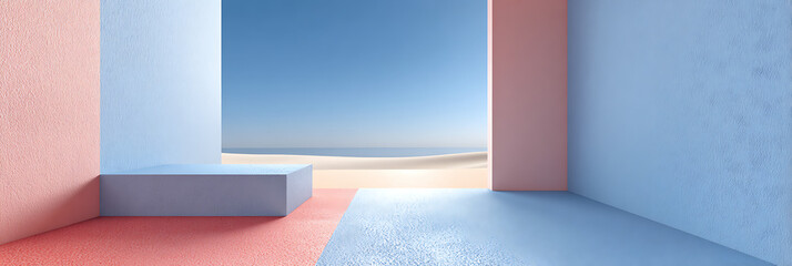 Fototapeta premium A minimalist abstract architectural space with colorful geometric walls opens to a serene beach and ocean view, blending interior and exterior. 