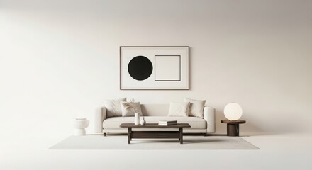 Modern living room with minimalist sofa abstract art and contemporary coffee table