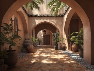 Fototapeta premium A long hallway with a lot of plants and vases. The plants are in the middle of the hallway and the vases are on the floor