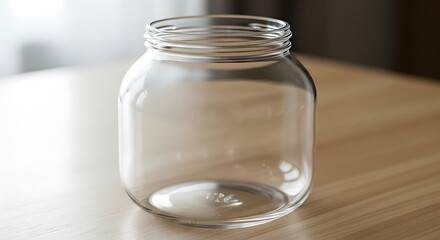Minimalistic glass jar with shallow depth of field on a wooden surface