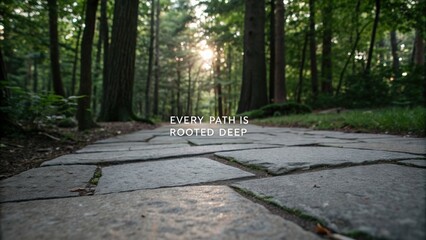 Natural pathway surrounded by lush green forest with soft sunlight filtering through trees