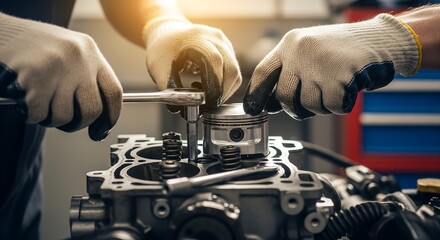 Mechanic's hands in gloves assembling an engine cylinder head with a