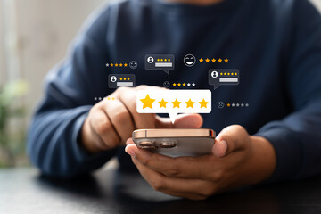 Online customer satisfaction Survey service concept, client rate service from experience in application,Consumer give five-Stars and feedback review for quality, Business reputation ranking from buyer