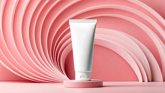White cosmetic tube packaging on pink abstract background for beauty product display
