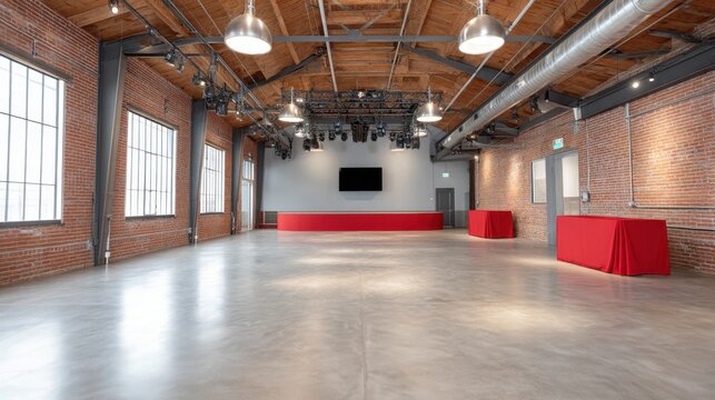 Spacious modern event venue with industrial design, brick walls, and polished concrete floor, ideal for parties, gatherings, and corporate functions