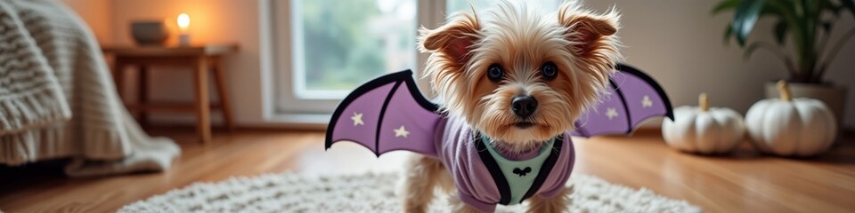 Adorable dog in purple bat costume standing in cozy room with pumpkins