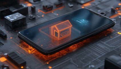 Smartphone on circuit board with house graphic