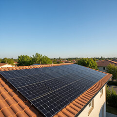 Embrace Clean Energy with Solar Panels: Generate Sustainable Power for Your Home Under a Bright Blue Sky. Generative AI.