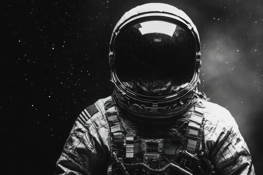 Close up black and white portrait of an astronaut in a detailed suit against a starry sky space helmet