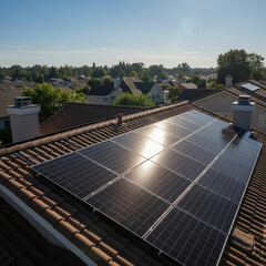 Embrace Clean Energy with Solar Panels: Generate Sustainable Power for Your Home Under a Bright Blue Sky. Generative AI.