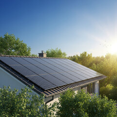 Embrace Clean Energy with Solar Panels: Generate Sustainable Power for Your Home Under a Bright Blue Sky. Generative AI.
