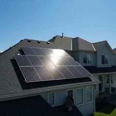 Embrace Clean Energy with Solar Panels: Generate Sustainable Power for Your Home Under a Bright Blue Sky. Generative AI.