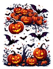 Glowing Halloween Pumpkins with Bats and Autumn Leaves