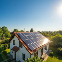 Embrace Clean Energy with Solar Panels: Generate Sustainable Power for Your Home Under a Bright Blue Sky. Generative AI.