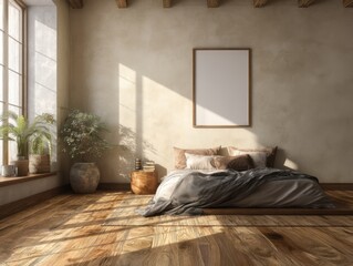 A bedroom with a bed, a window, and a plant. The bed is covered with a blanket and pillows
