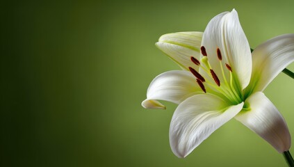 Obraz premium Close-up of a single, elegant white lily on a muted green background