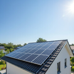Embrace Clean Energy with Solar Panels: Generate Sustainable Power for Your Home Under a Bright Blue Sky. Generative AI.