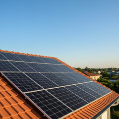 Embrace Clean Energy with Solar Panels: Generate Sustainable Power for Your Home Under a Bright Blue Sky. Generative AI.