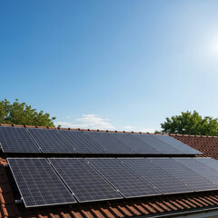 Embrace Clean Energy with Solar Panels: Generate Sustainable Power for Your Home Under a Bright Blue Sky. Generative AI.