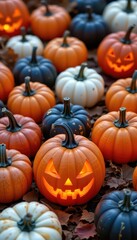 Obraz premium Colorful Halloween Pumpkins with Autumn Leaves Scene