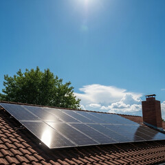 Embrace Clean Energy with Solar Panels: Generate Sustainable Power for Your Home Under a Bright Blue Sky. Generative AI.