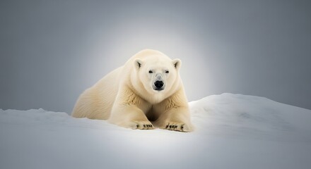 Obraz premium A majestic polar bear rests on a snow-covered landscape, its white fur blending with the icy surroundings.