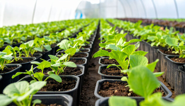 a greenhouse, rows of small, dark containers filled with soil sit closely together, each containing a small, leafy plant - Powered by Adobe