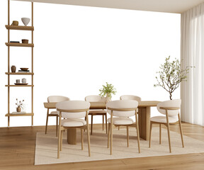 Scandinavian Dining Room with Wooden Table and Six Chairs, Transparent Background, Isolated Interior PNG