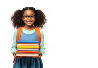 Happy young girl wearing glasses and backpack holding stack of colorful books ready for school transparent background