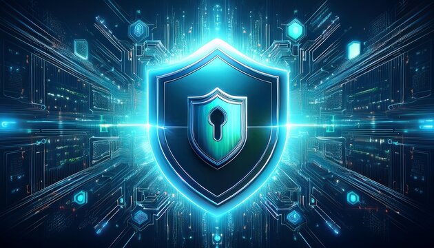 a glowing shield labeled zero trust security against a high tech background represents modern cybersecurity principles