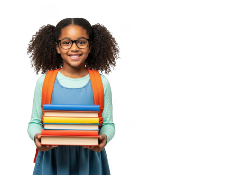 Happy young girl wearing glasses and backpack holding stack of colorful books ready for school transparent background