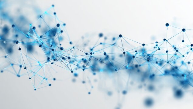 Abstract network of interconnected points and lines in light blue, on a light gray background - Powered by Adobe