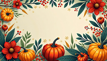 Fototapeta premium Autumn-themed floral frame with pumpkins and colorful leaves, perfect for seasonal decorations and invitations