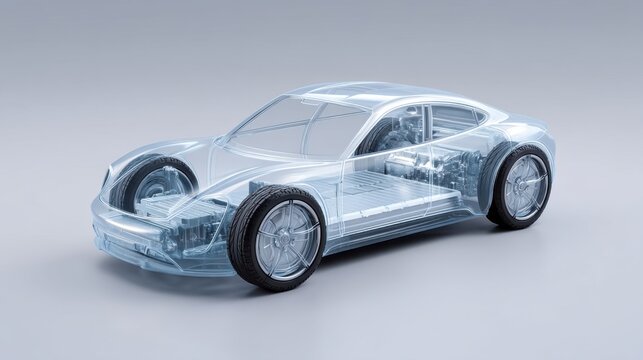 Transparent car model showcasing detailed internal components and design features against a minimalistic background for engineering and automotive concepts.