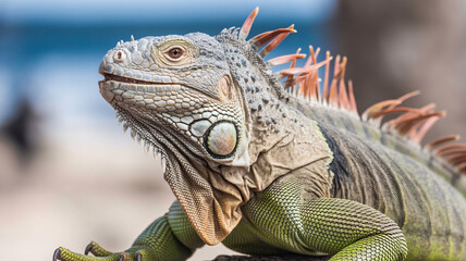 Fototapeta premium Majestic green iguana showcases intricate scales and striking orange crest, a captivating close-up of nature's reptilian beauty.